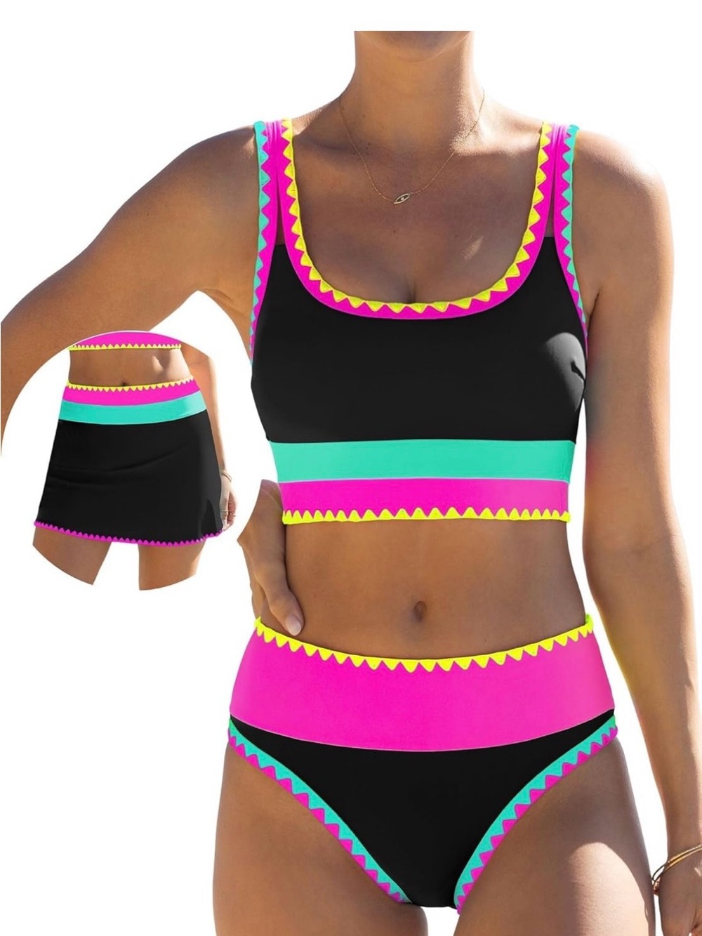 Black Swim Set with Pink and Teal Trim NWT